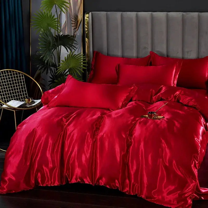 Simples Market silk satin bedding set in solid red with duvet cover, sheets and pillowcases
