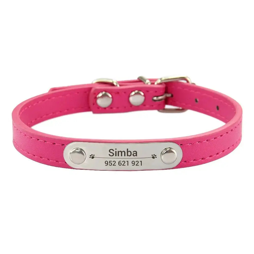 Personalized Dog Collar With Engraved Name ID Anti Lost PU Leather Pink For Small Medium Large Dogs And Cats