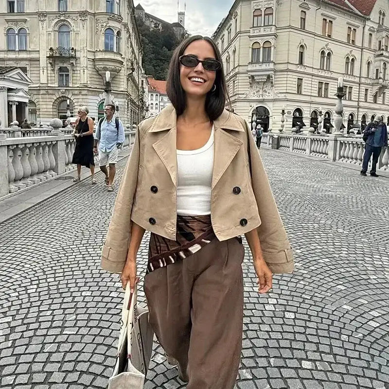 EleganceLane Double Breasted Short Trench Coat Vintage Style Turn Down Collar With Modern Comfort Womens Coat