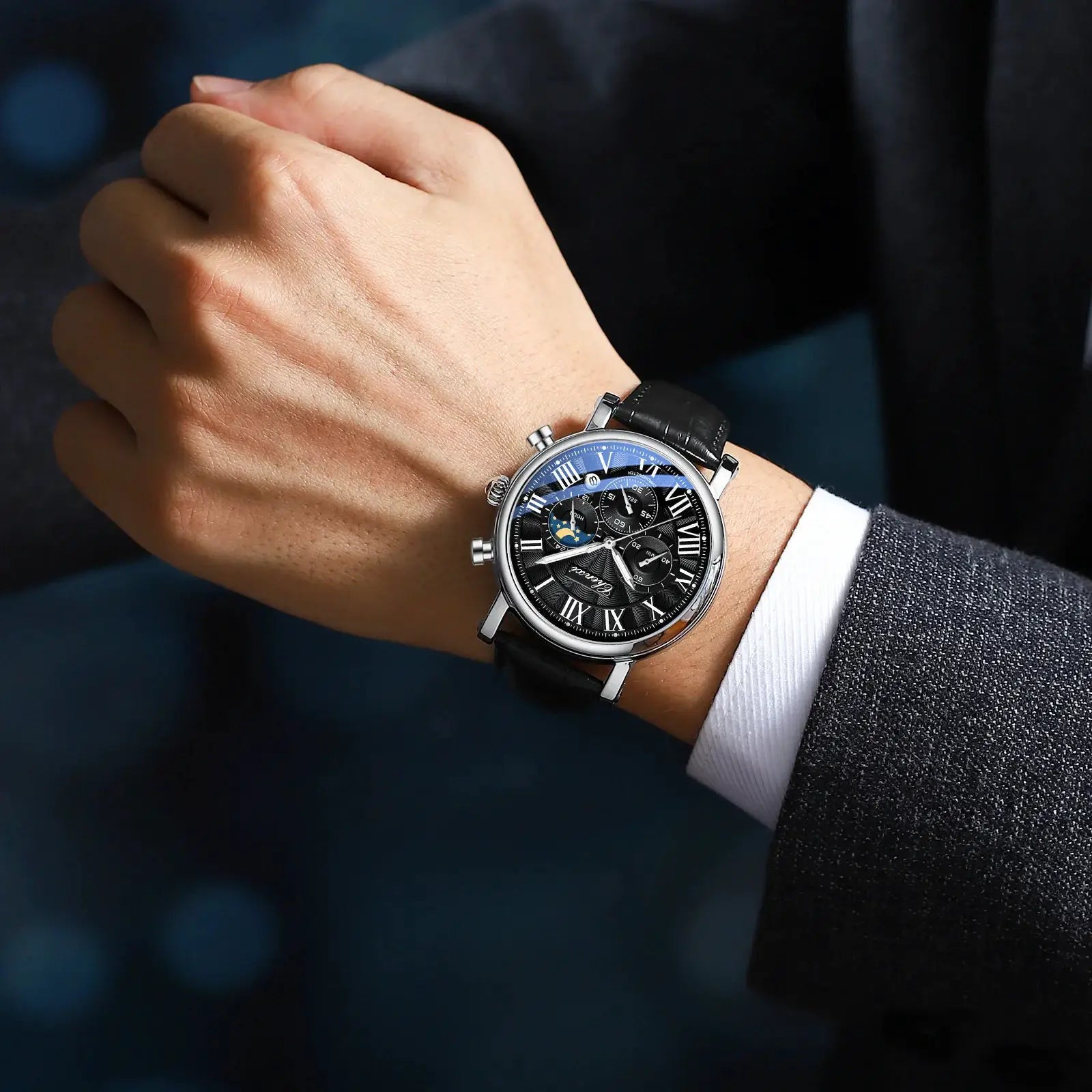 Chenxi 973 Moon Phase Date Analog Mens Wristwatch With Water Resistant Leather Strap And Imported Quartz Movement