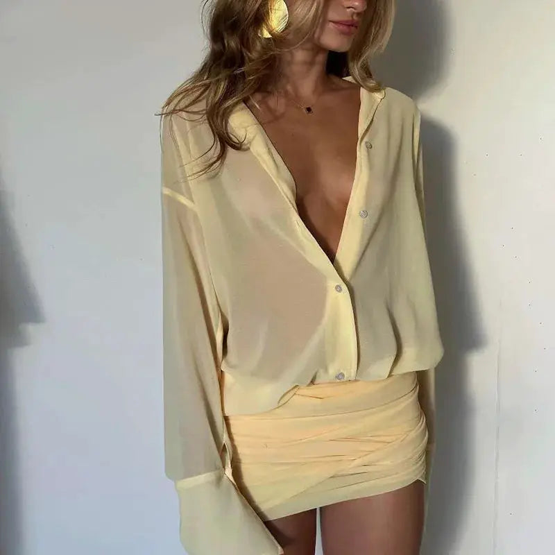 See Through Mini Dress With Flare Sleeves Ruched Bandage Club Party