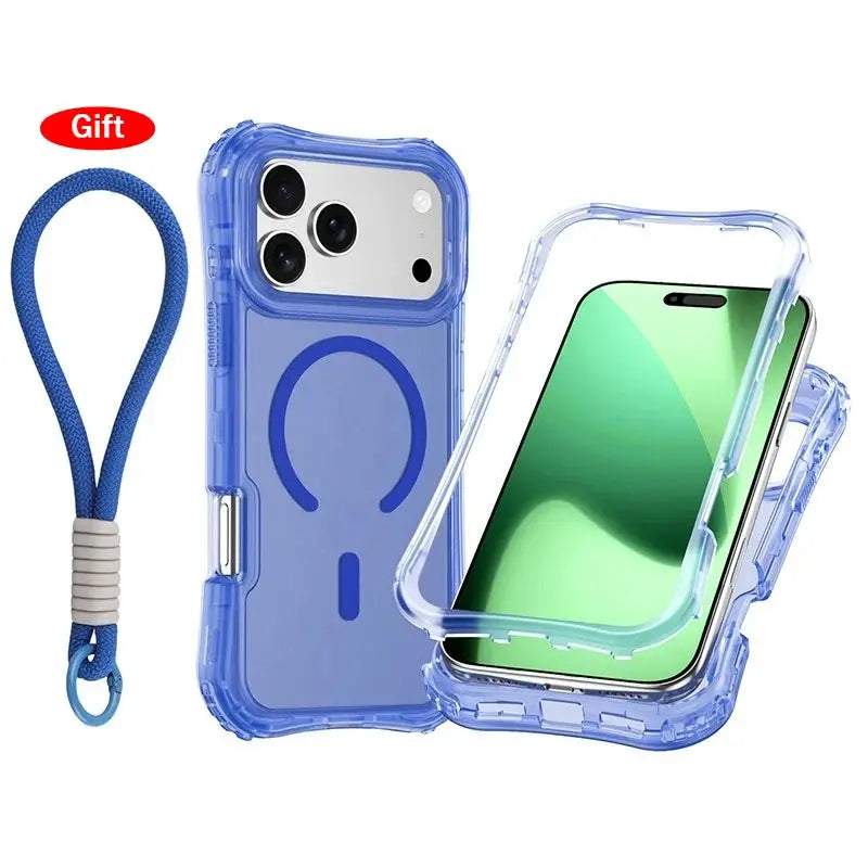 Armor 3IN1 clear phone case with blue bumper and magnetic charging back, includes blue wrist strap 1x case + 1x strap