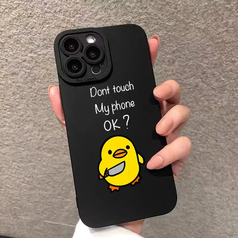Phone case for iPhone: black silicone with a cute yellow duck graphic and white text Dont touch my phone OK?