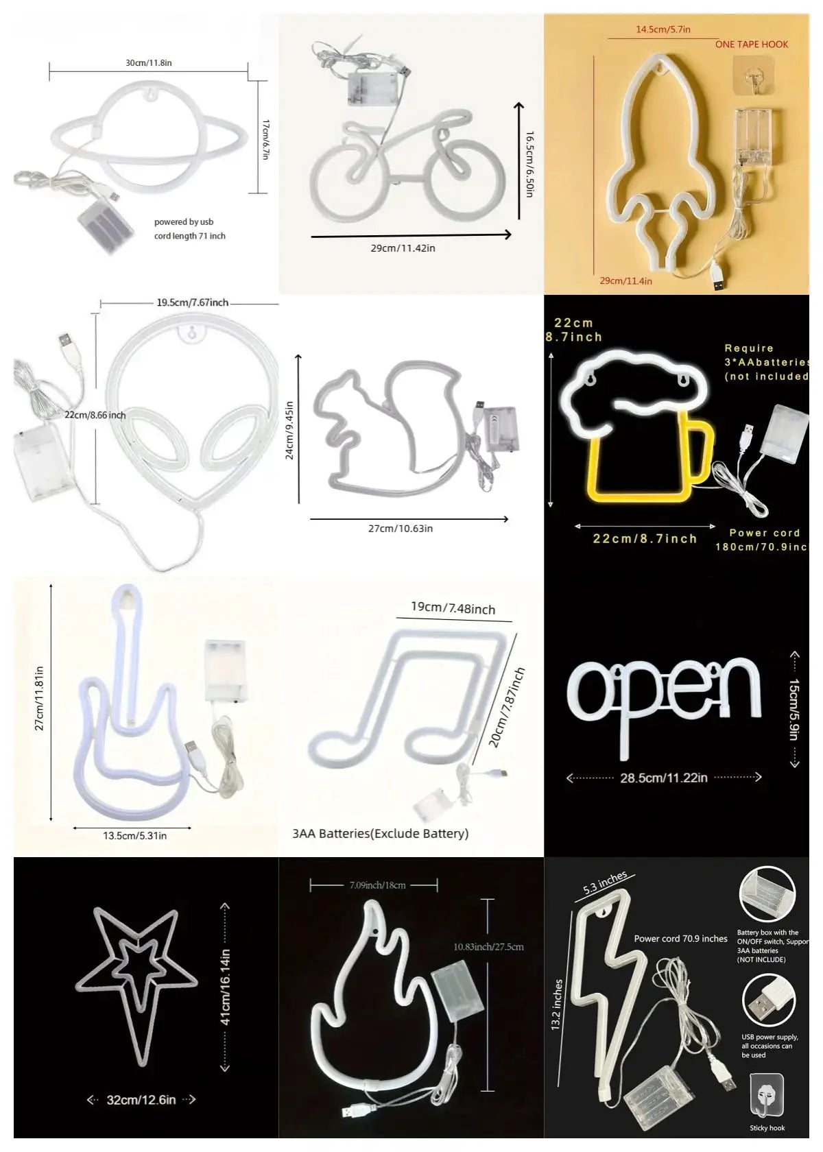 Decorative neon light set by Simples Market; white LED shapes for modern art ambiance, USB or battery powered