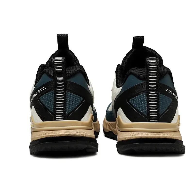 HOBIBEAR unisex running sneakers pair, teal/blue and black upper with tan midsole, back view