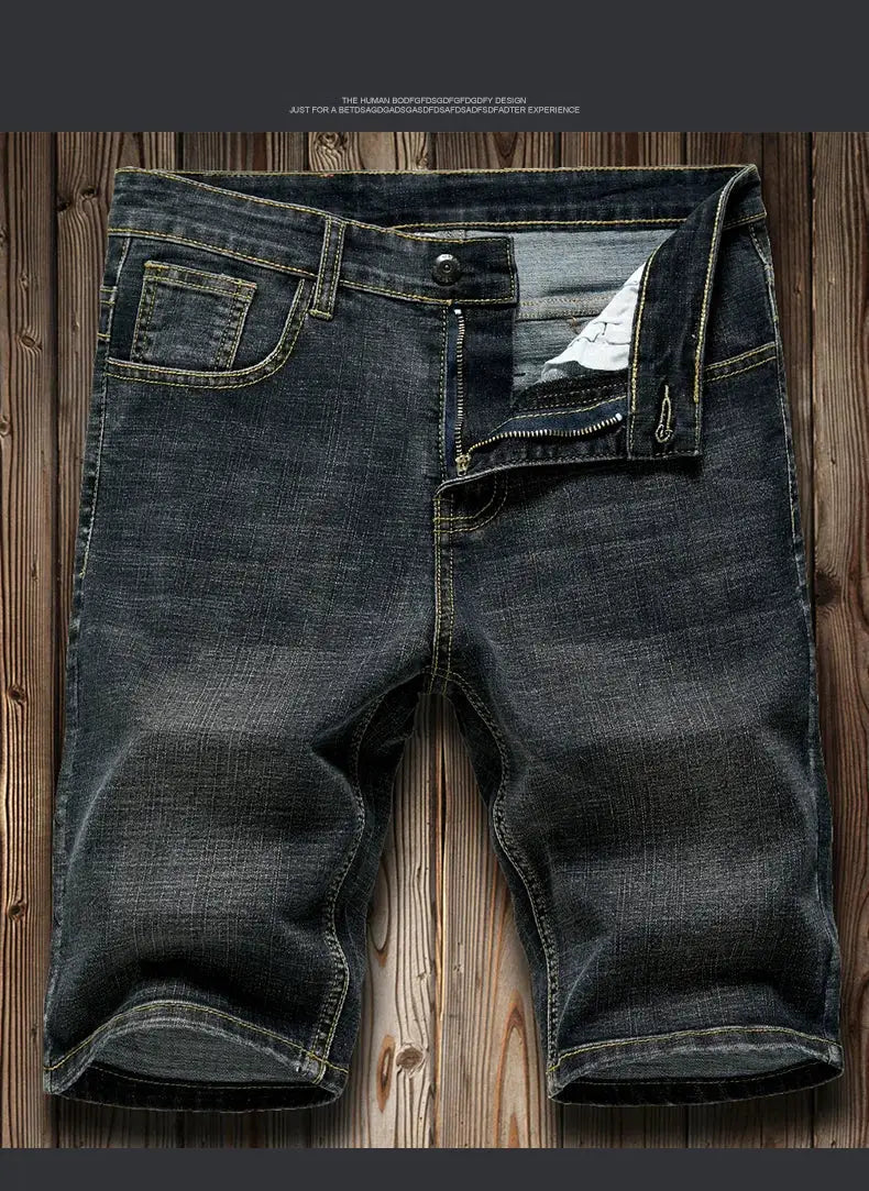 Simples Market men's denim shorts, dark indigo slim-stretch denim with golden stitching and zip fly