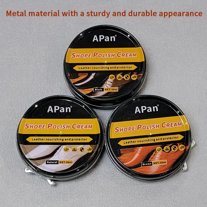 APan shoe polish cream set, 3 tins in Natural, Black, Brown; leather nourishing protector, 50 ml each