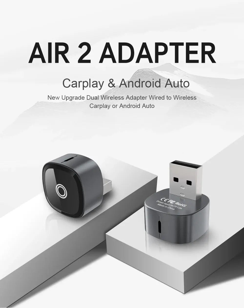 XUDA 2in1 wireless CarPlay/Android Auto adapter and USB dongle, dark gray two-piece set