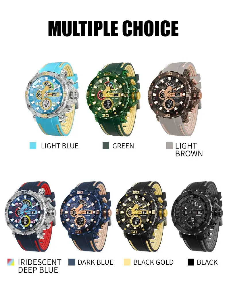 Military-style men's watches by Simples Market; eight color variants; 50M waterproof.