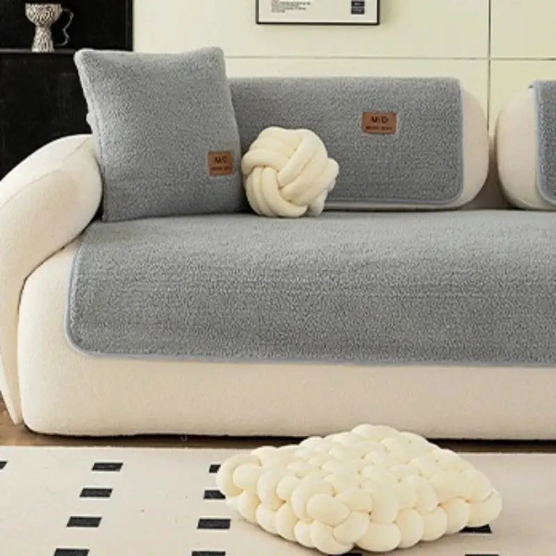 Solid sherpa anti-slip gray sofa cover by Simples Market with PU label decor for living room