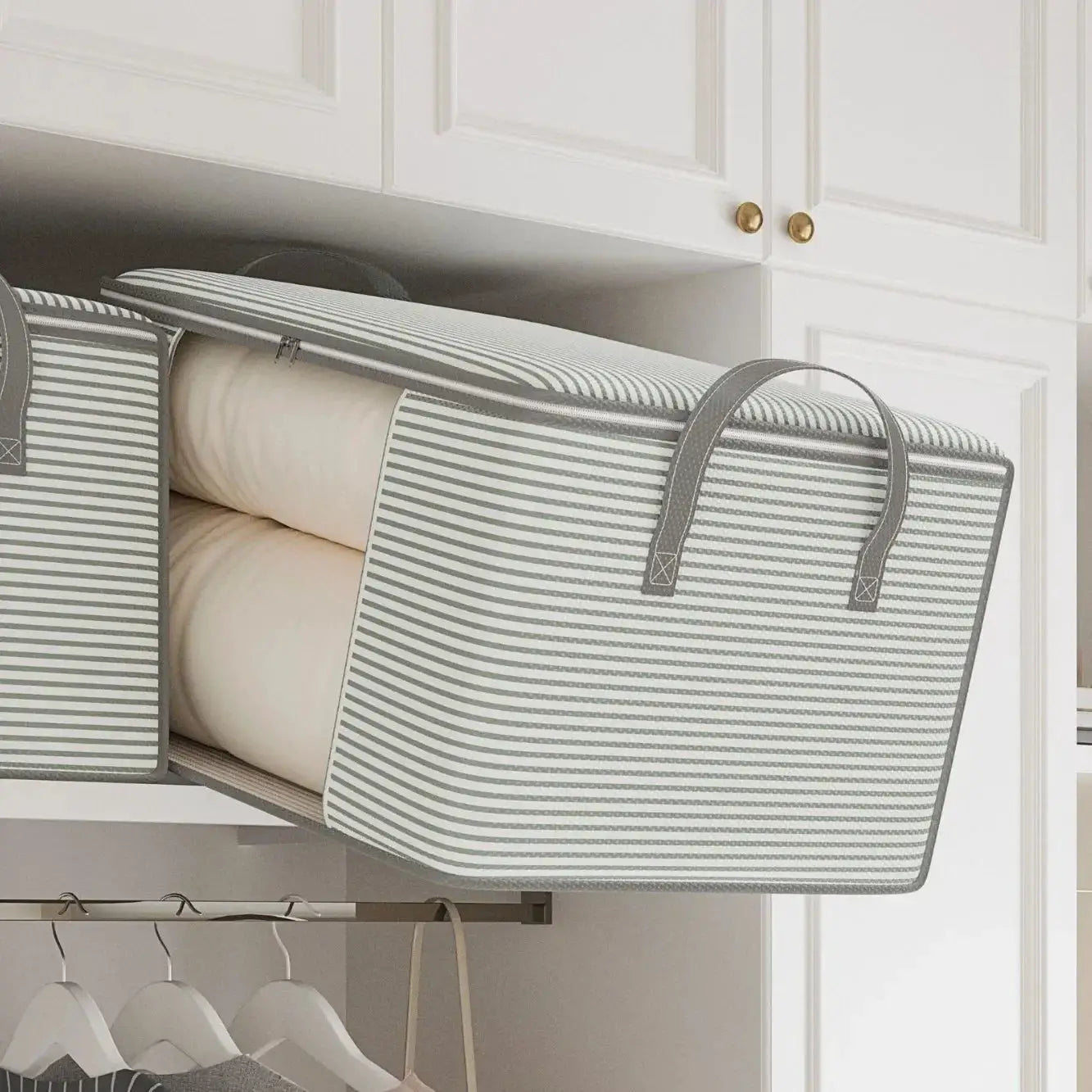 Foldable storage bags, large striped gray and white with dual handles, two shown Simples Market, for clothing and quilts