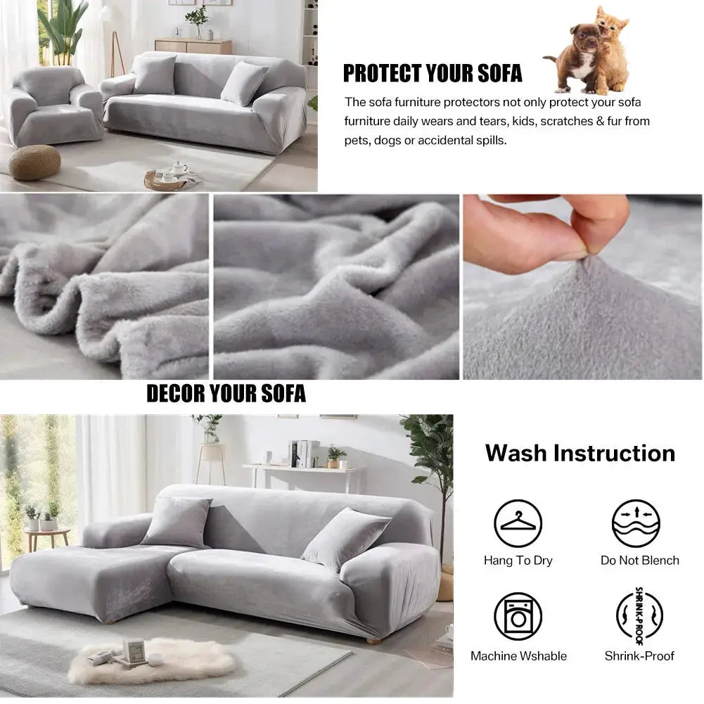 Simples Market velvet sofa cover for 1–4 seater L-shaped sofas; gray plush thick elastic fabric