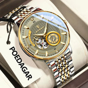 POEDAGAR luxury men's wristwatch, two-tone gold and stainless steel, skeleton tourbillon dial