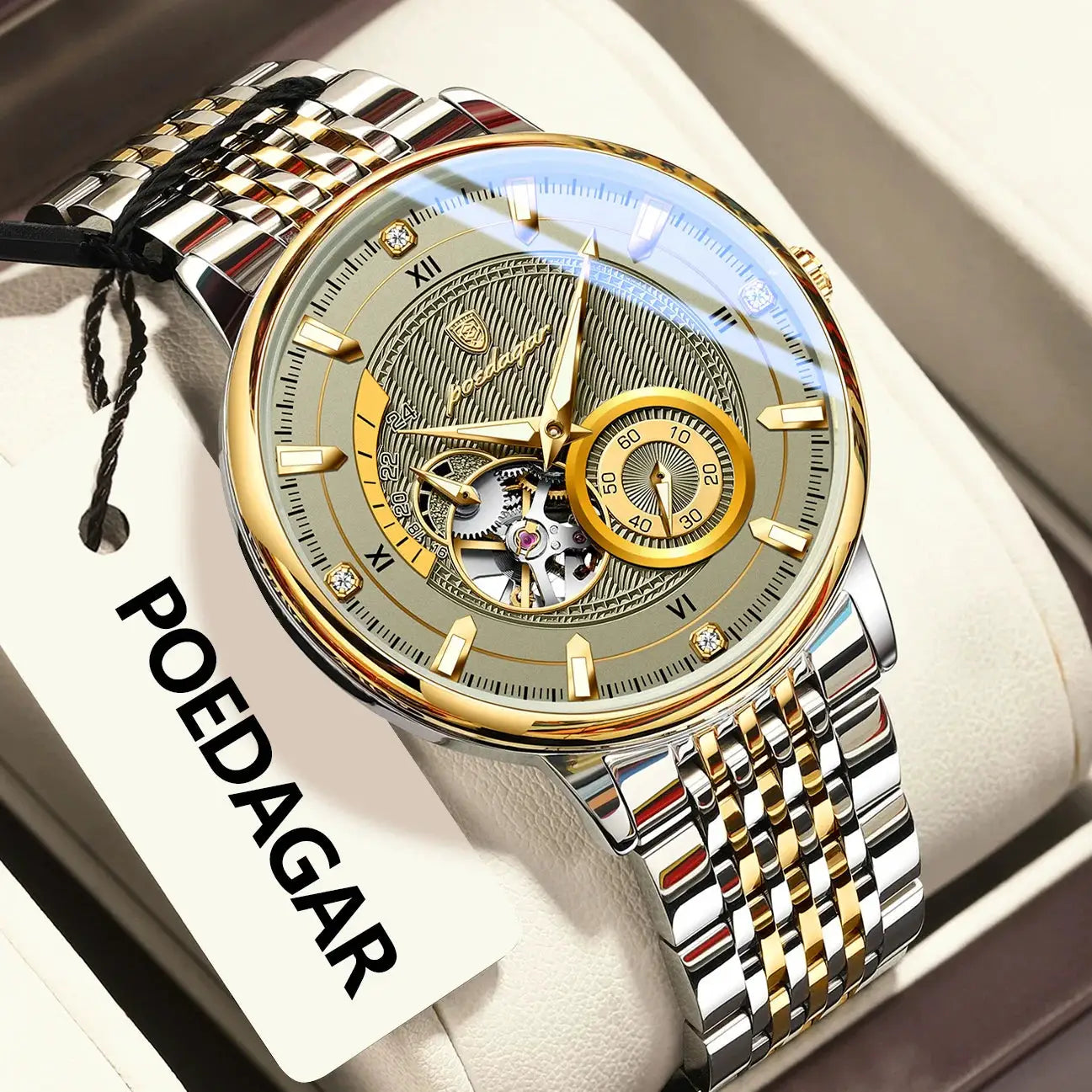 POEDAGAR luxury men's wristwatch, two-tone gold and stainless steel, skeleton tourbillon dial