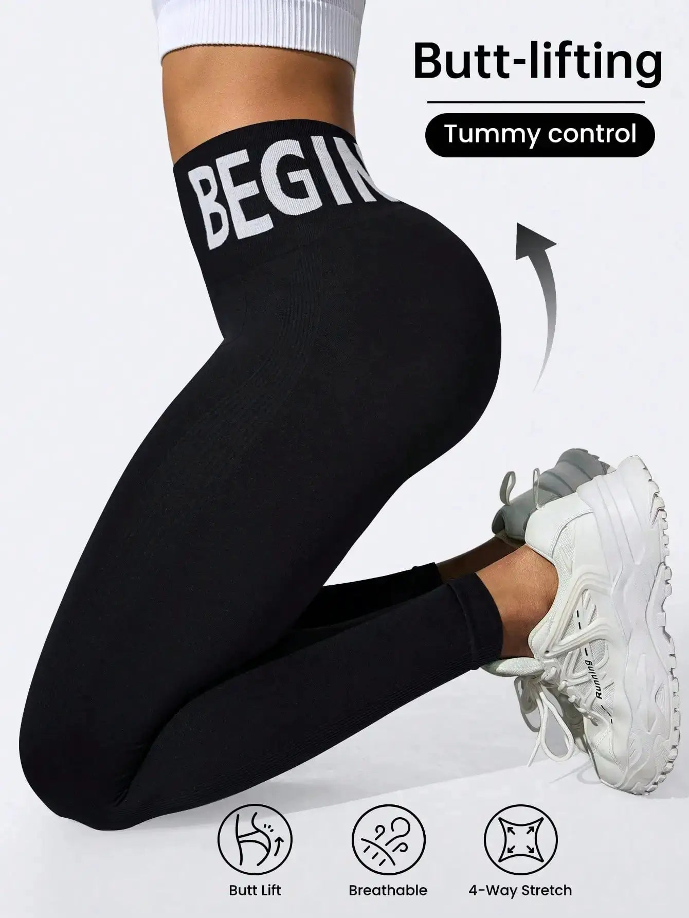 Simples Market seamless yoga leggings with waistband lettering, black, butt-lifting, breathable quick-dry tights