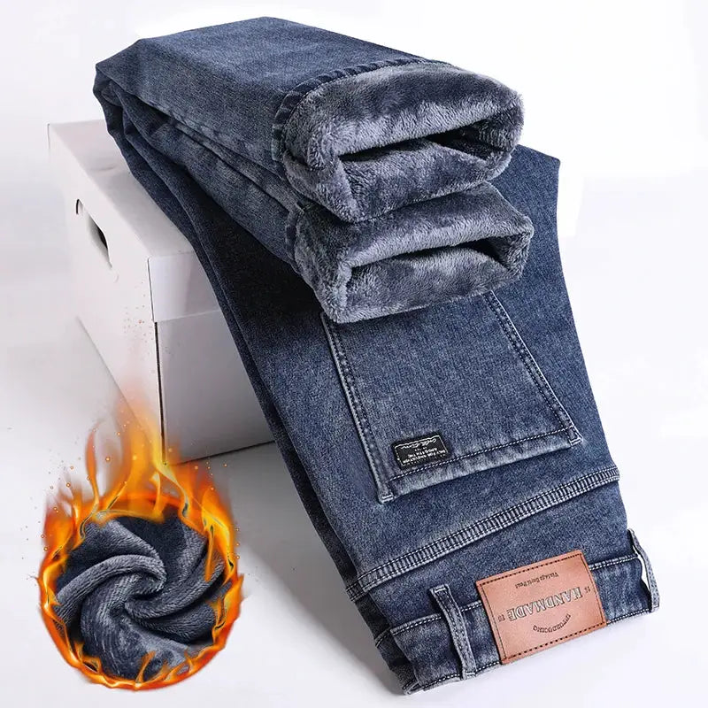 Men's fleece-lined denim jeans by Simples Market in blue, slim straight fit