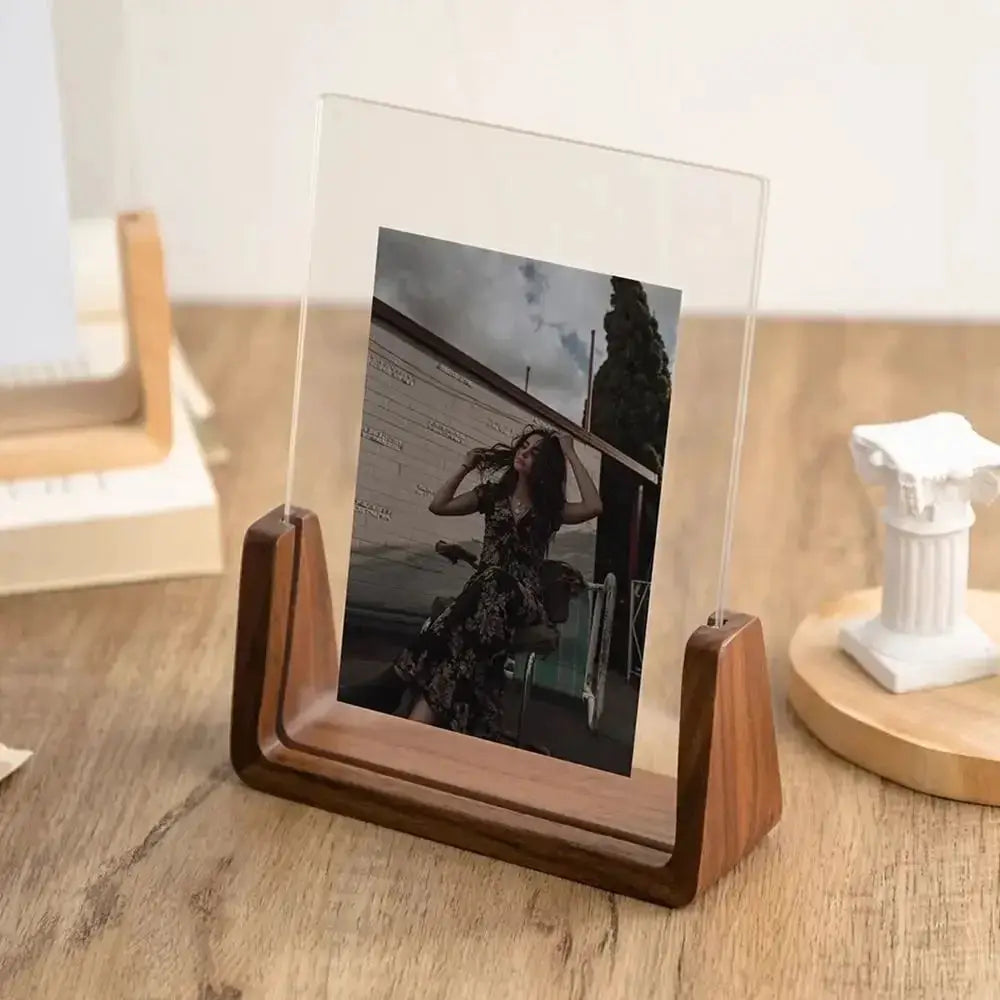 Walnut/beech wood photo frame with clear acrylic U-shaped panel for desktop display