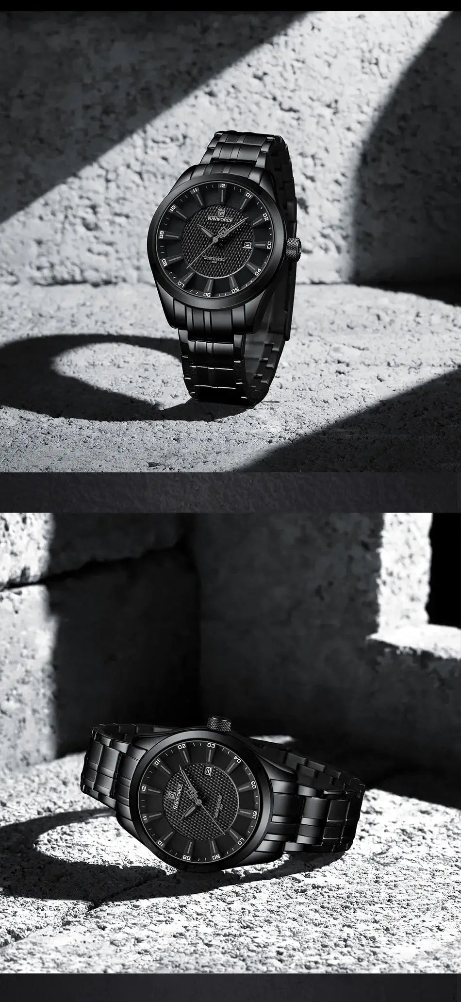 NAVIFORCE men's black stainless steel watch with date display and waterproof quartz movement