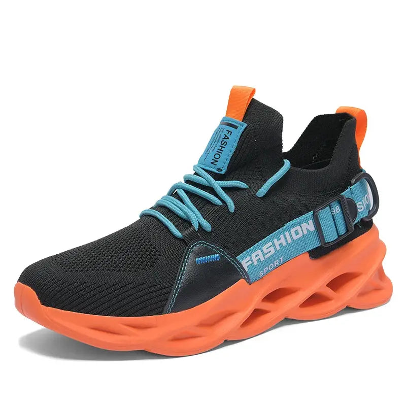 Sneakers Men Mesh Breathable Unisex athletic shoes, black upper, blue laces, orange thick sole.