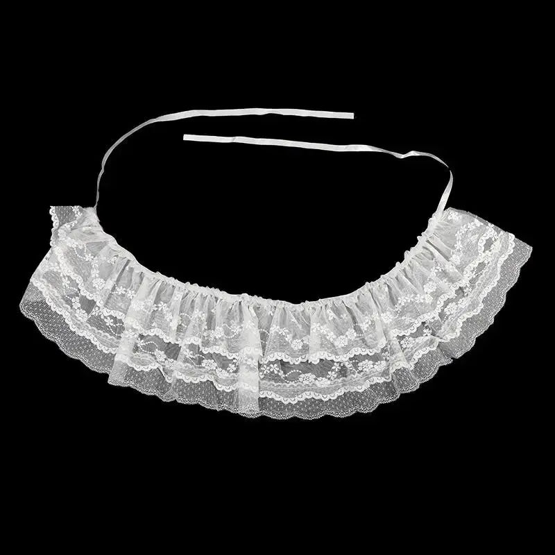 Lace choker necklace in white with layered ruffle trim and satin ribbon ties