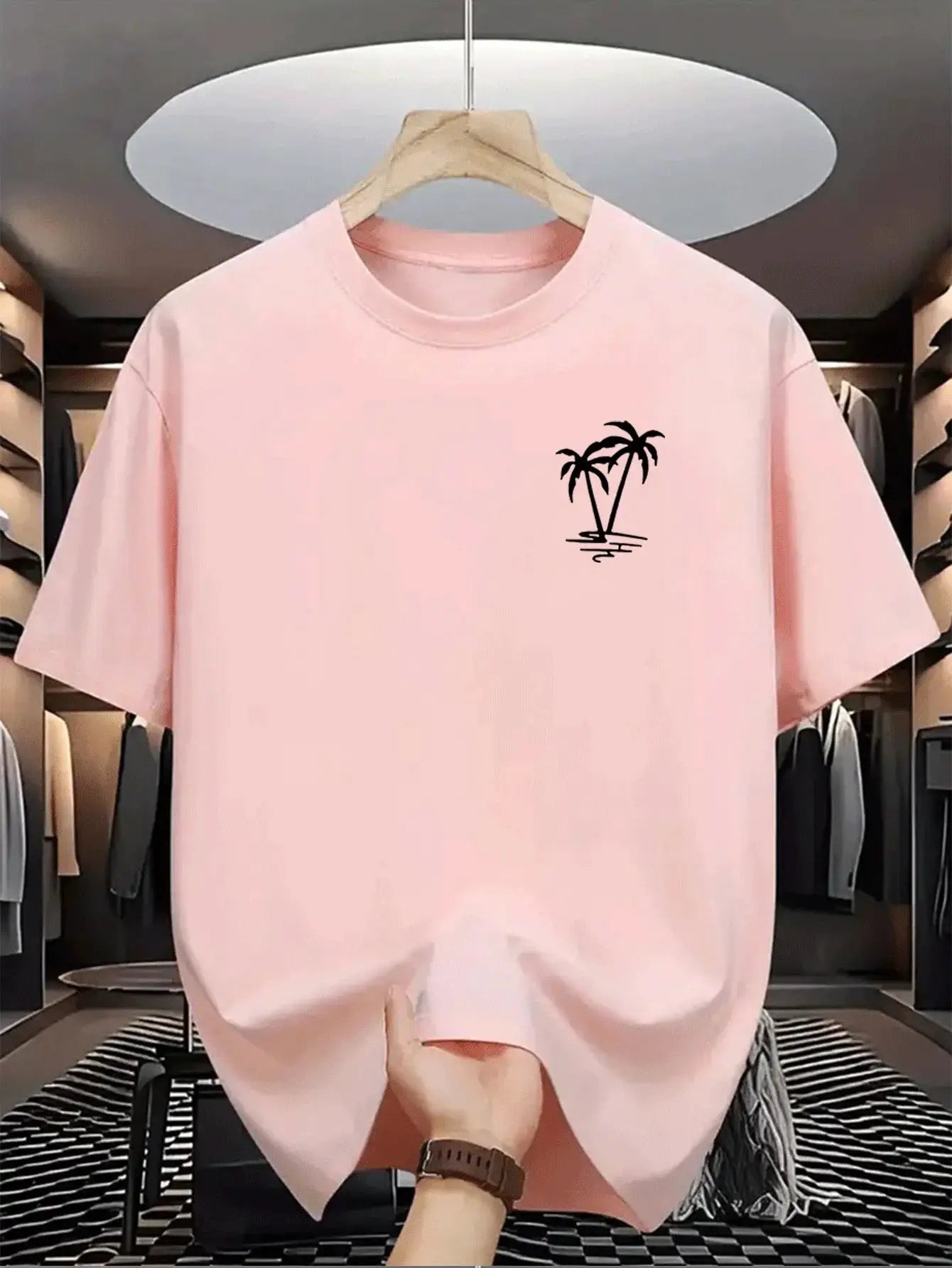 Men's Summer One Hundred Percent Cotton Casual Loose Fit T Shirt Coconut Tree Pattern Round Neck Short Sleeve Top