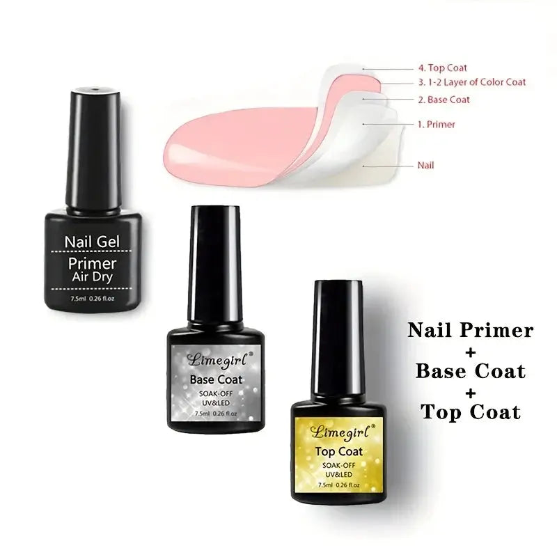 Limegirl nail gel 3-piece set: primer, base coat and top coat for UV/LED manicure
