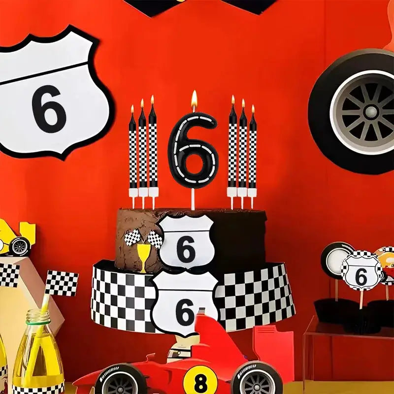 7 Piece Set Racing Car Themed Birthday Number Candles Black White Checkered Cake Topper For Kids Birthday Party