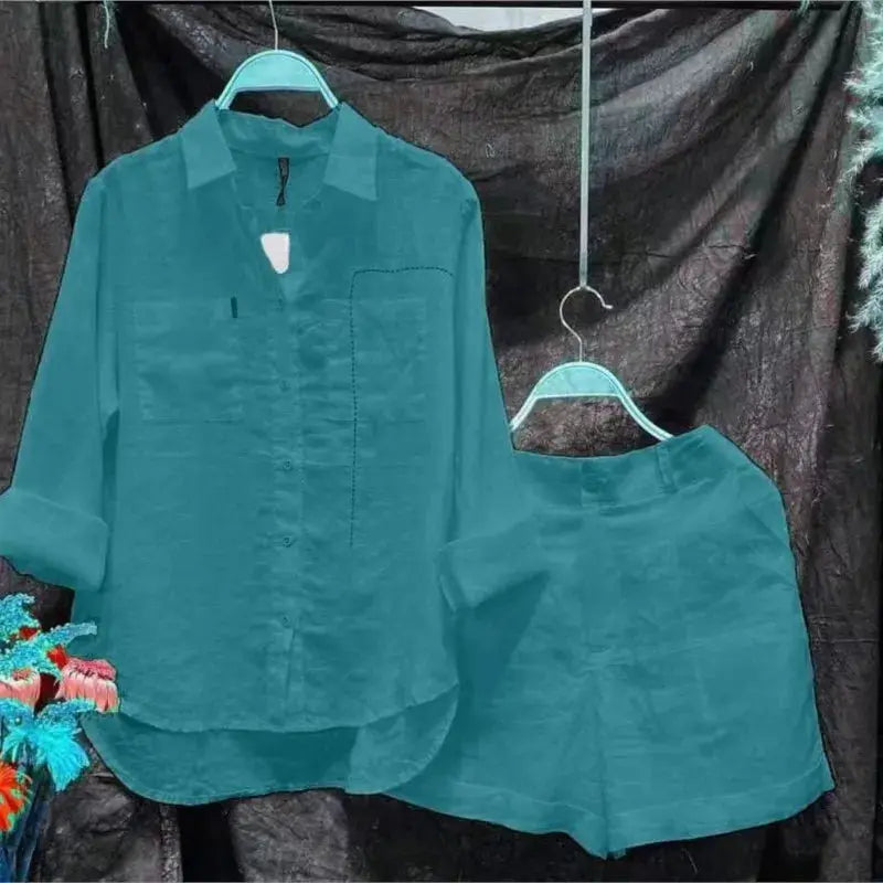 Cotton Linen White Long Sleeve Shirt And Shorts Set For Women