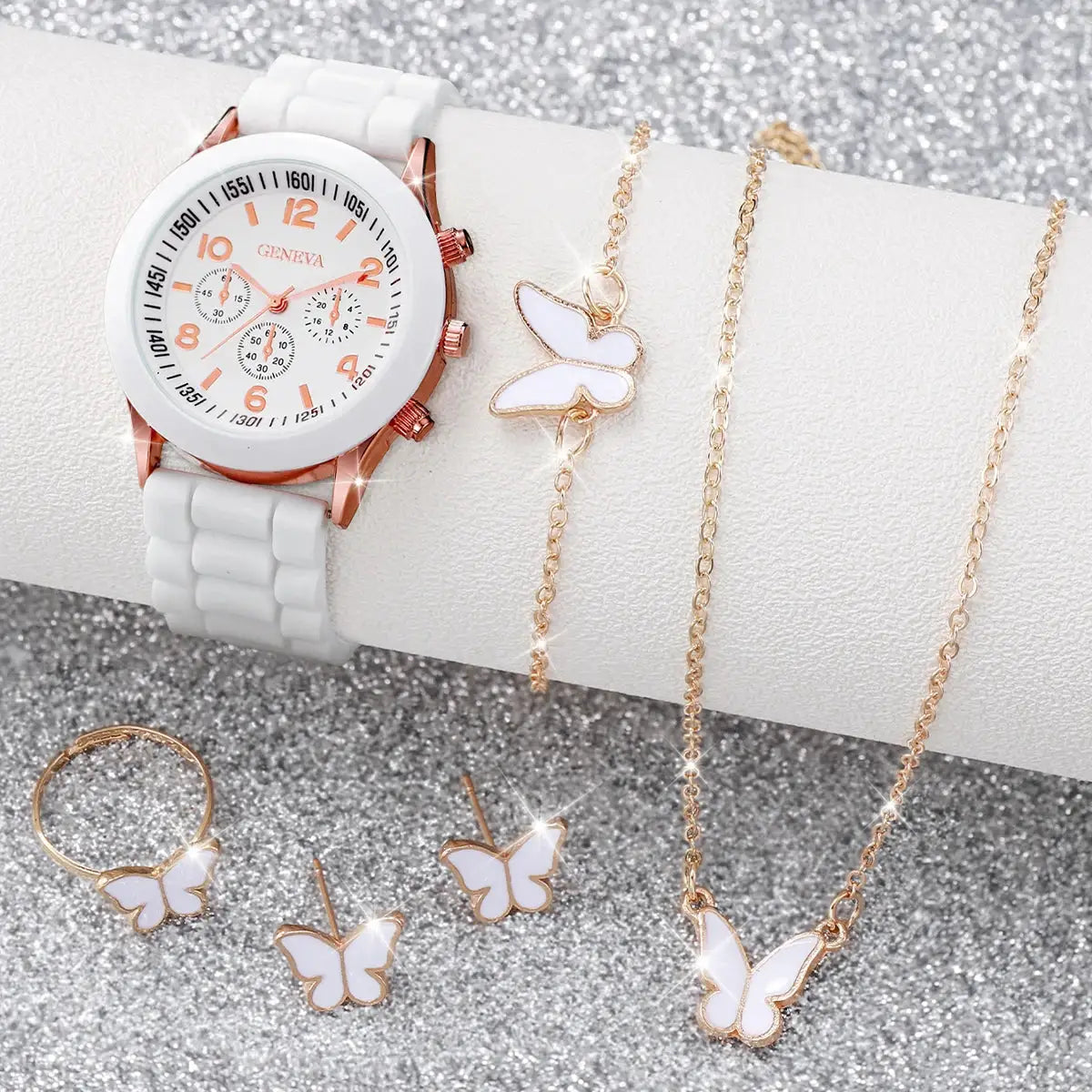 Simples Market watch set with white silicone band and rose-gold case, plus butterfly jewelry (ring, earrings, necklace)