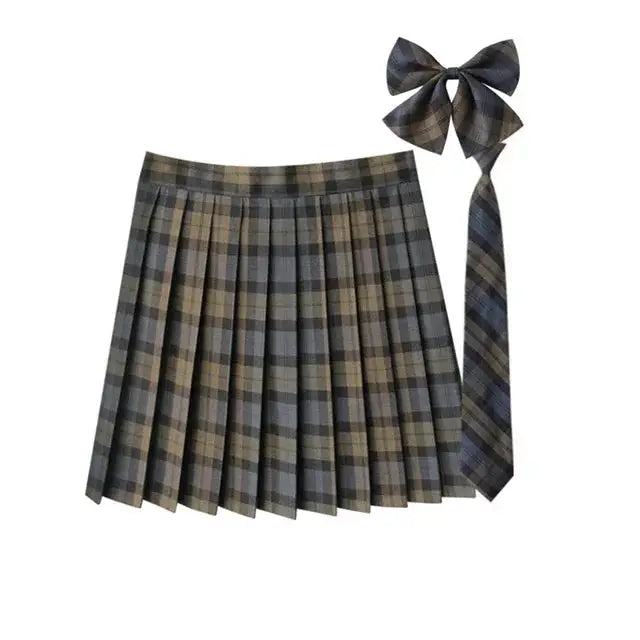 Women plaid pleated mini skirt with matching bow and necktie in beige-gray-blue plaid, JK uniform style