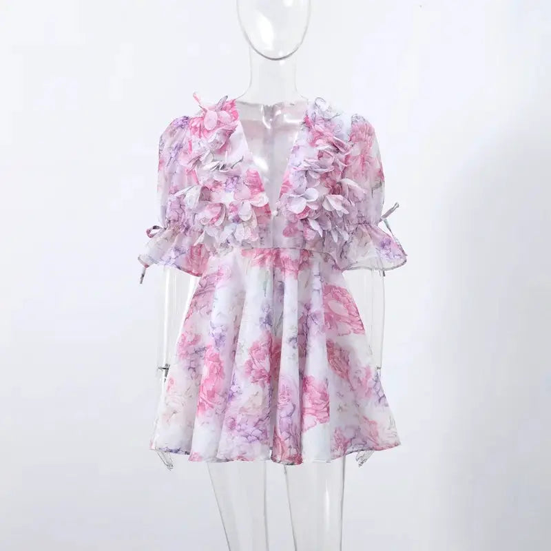 Floral Printed Backless Mini Dress Sleeveless A Line Party Clubwear