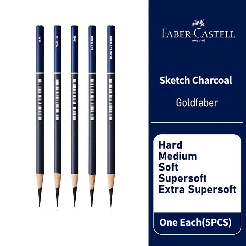 Faber-Castell Goldfaber charcoal graphite sketch pencils set, 5 pcs with Hard to Extra Supersoft grades, blue barrels