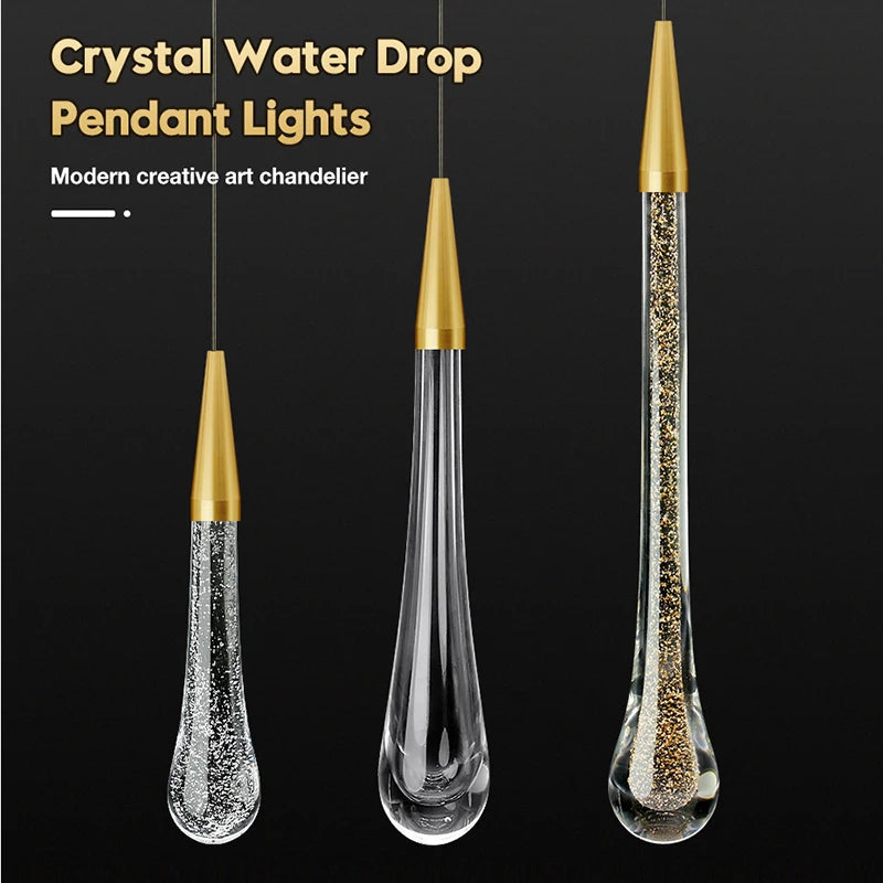 Crystal water-drop pendant lights with gold caps; three hanging LED glass drops for dining or living room decor