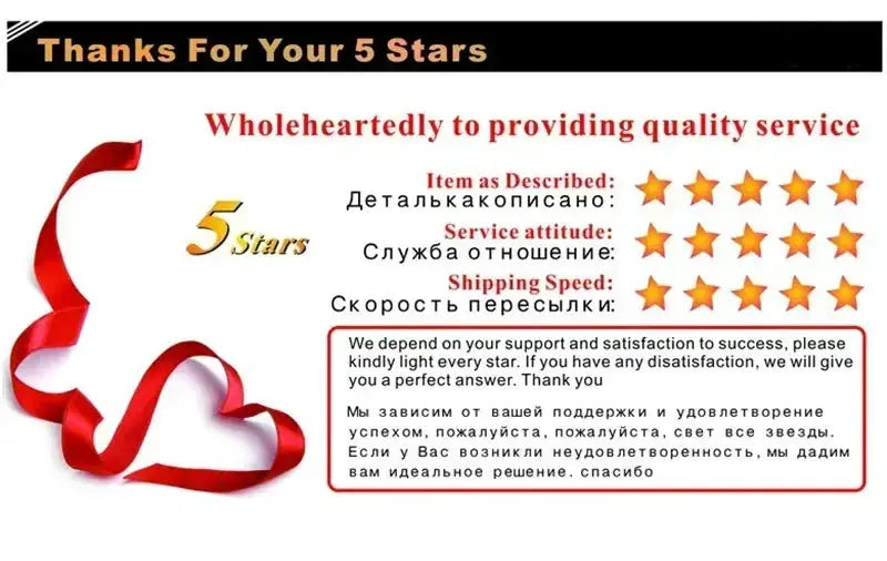 Promo banner: red ribbon and five gold stars with text Thanks For Your 5 Stars and multilingual service notes.