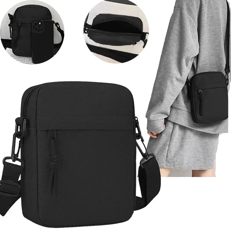 Simples Market black single-shoulder crossbody bag with adjustable strap and front pocket