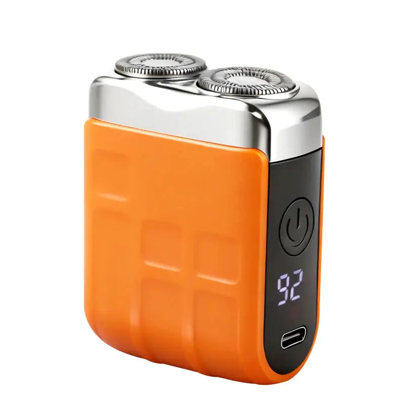Electric shaver for men, orange portable rechargeable with dual rotary blades and digital display.
