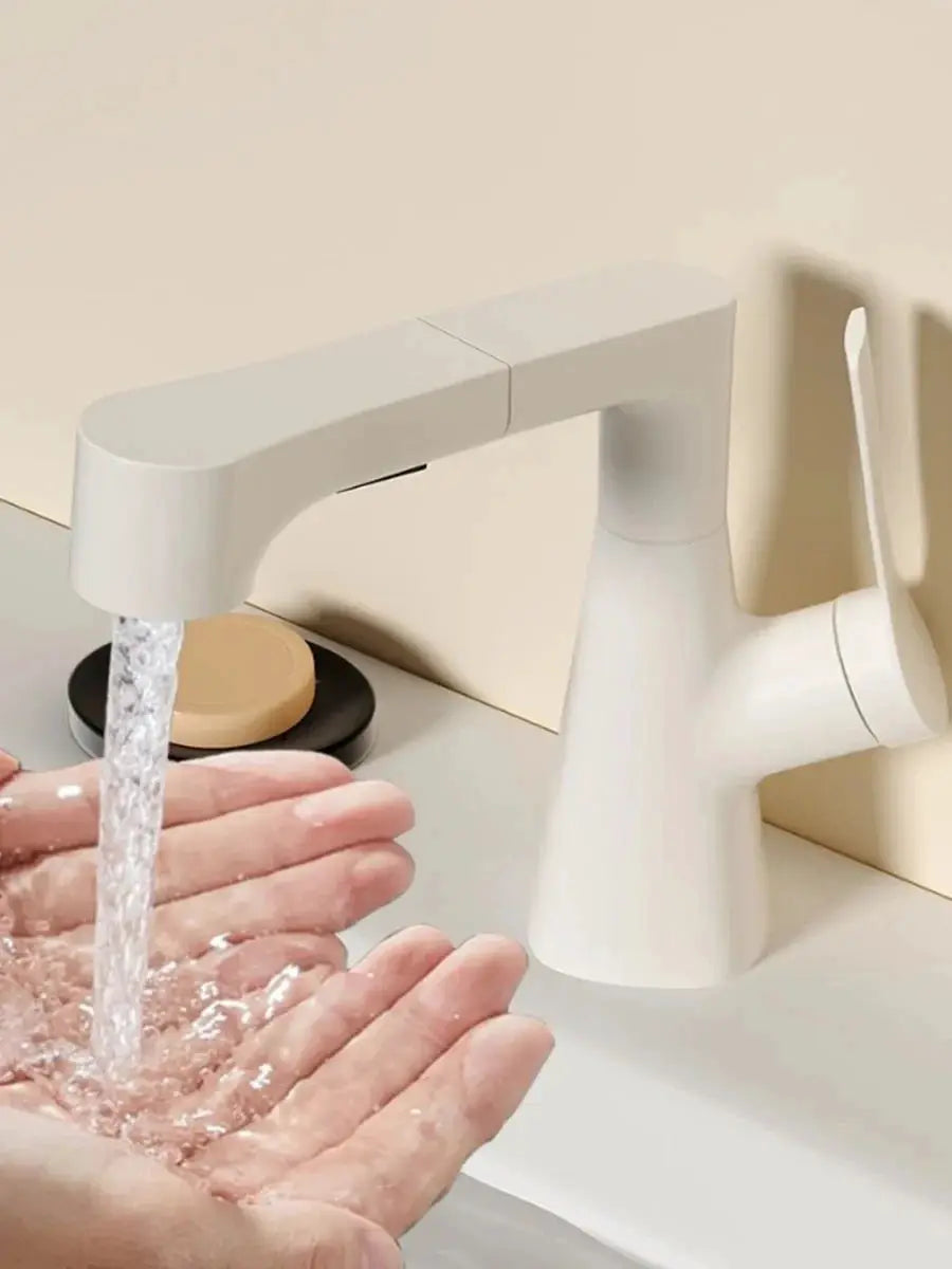 Hair washing bathroom faucet with pull-out spray, white modern mixer tap, 360° rotatable, 2-mode spray