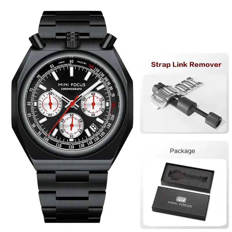MINI FOCUS chronograph watch with black stainless steel strap and date calendar