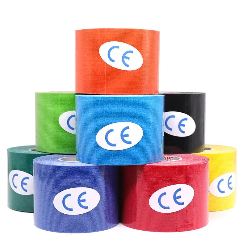 Kinesiology tape rolls in assorted colors stacked together with CE labels for sports recovery