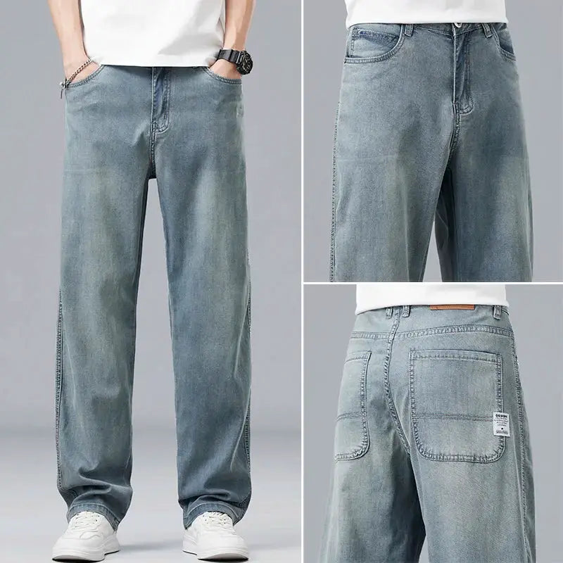 Men's light-wash denim jeans, loose straight fit, front, side and back views.