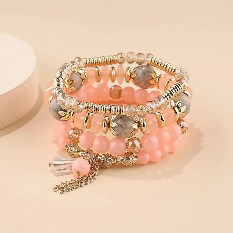 4 Piece Tassel Charm Beads Bracelet Set For Women And Men Bohemian Colorful Glass Bead Chain Bangle Jewelry