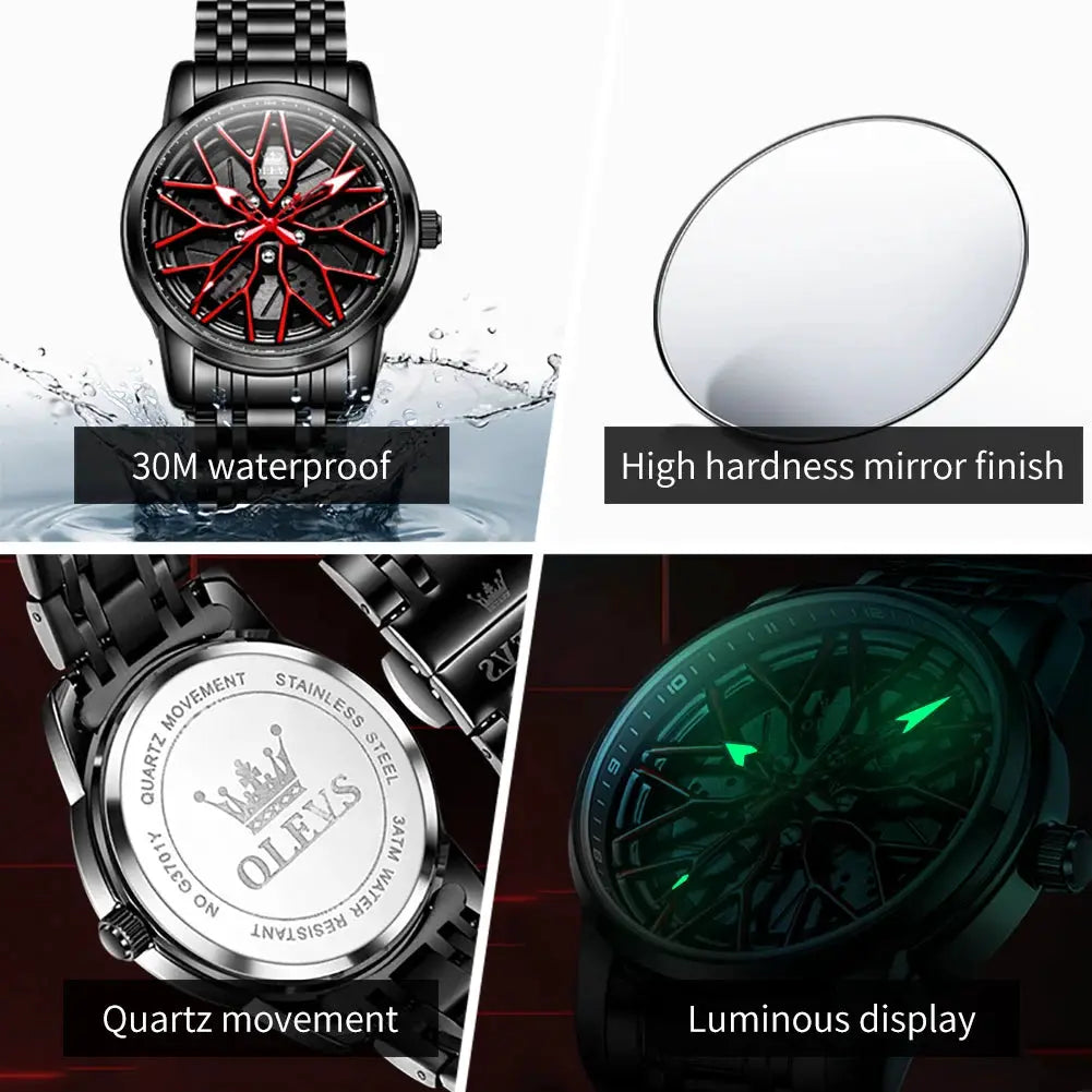 OLEVS men's quartz watch with black metal band, red skeleton dial, luminous display, and 30M waterproof.