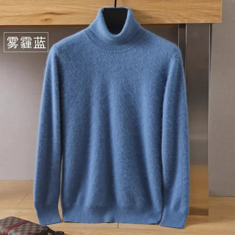 Men's blue mink velvet cashmere sweater, fuzzy knit with ribbed mock neck and long sleeves