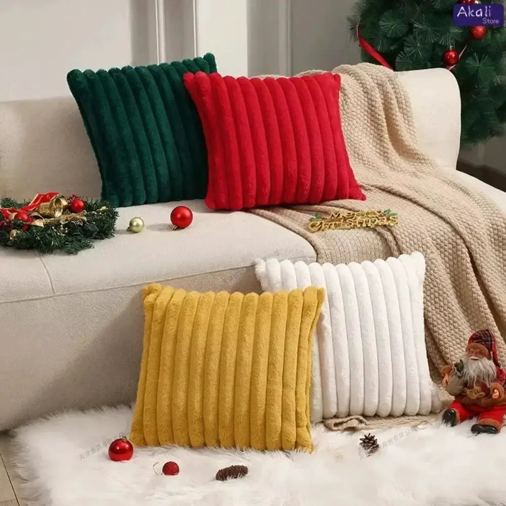 Faux rabbit fur cushion covers by Simples Market in green red beige yellow and white with striped plush texture set of 5