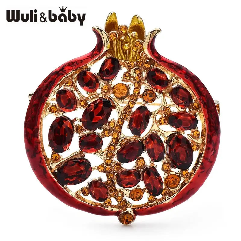 Wuli Baby Red Crystal Pomegranate Plant Brooch Pin For Women Summer Jewelry Gift Bag Accessory