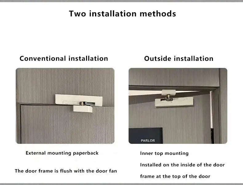 Door buffer damper hydraulic door closer for wooden doors, anti-pinching; inside and outside installation options.