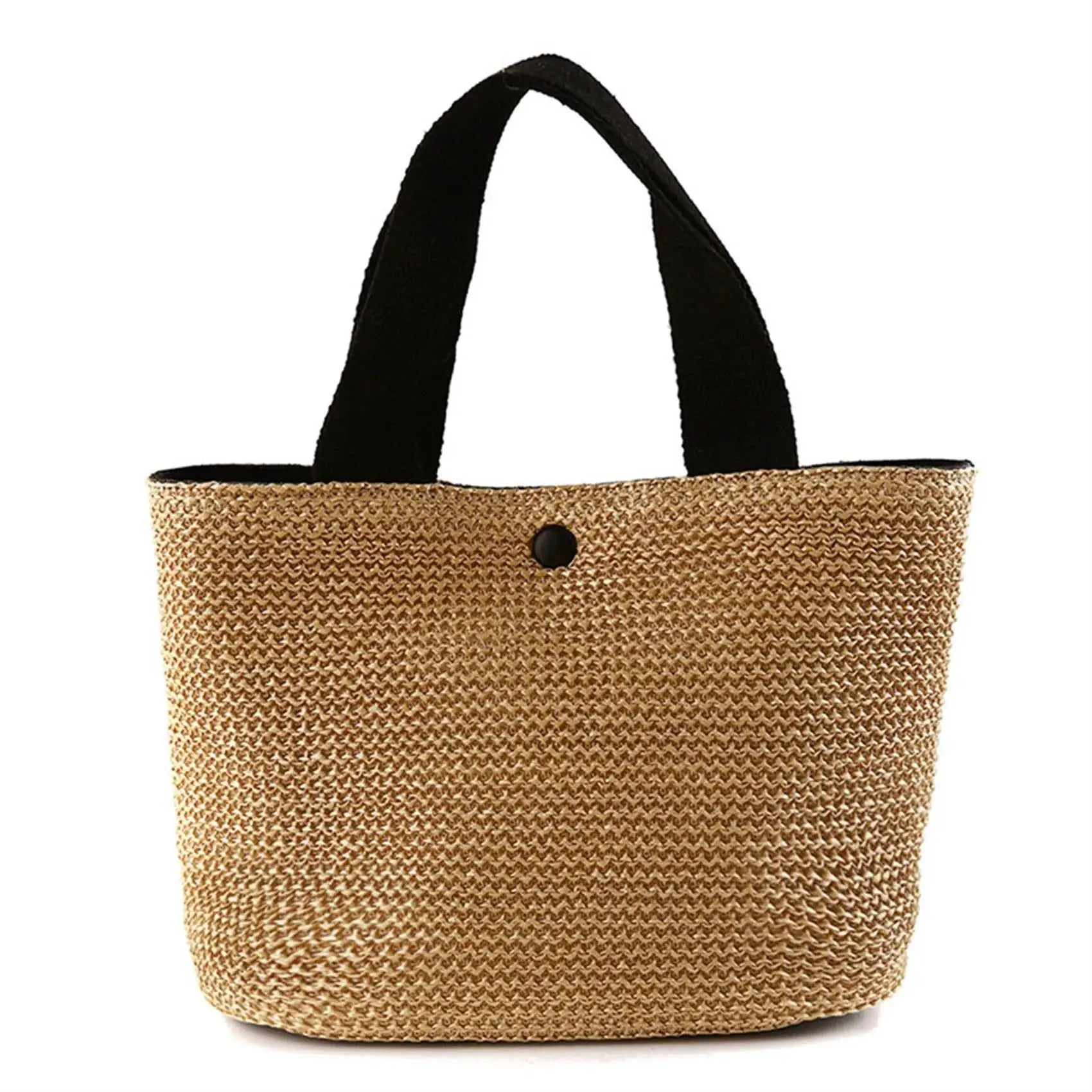 Straw woven tote bag with black top-handle straps, casual beach handbag by Simples Market