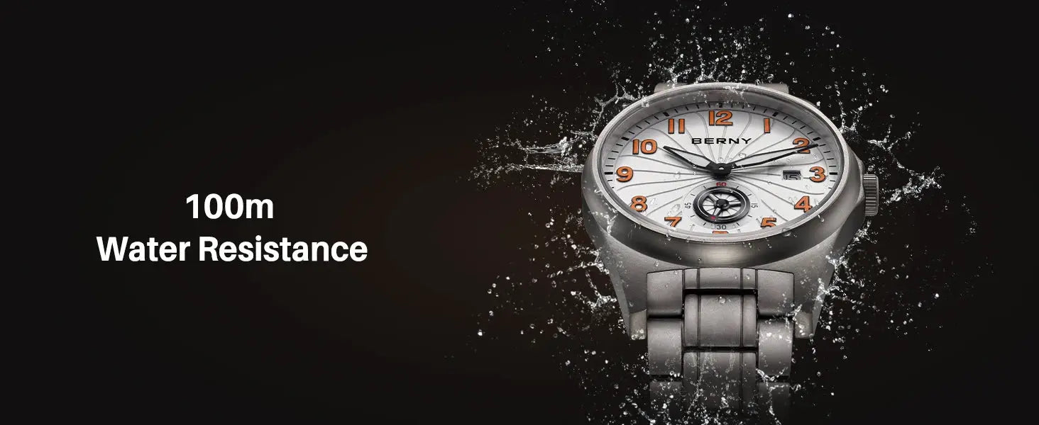 BERNY titanium automatic men's watch with orange numerals and luminous hands, 100m water resistant