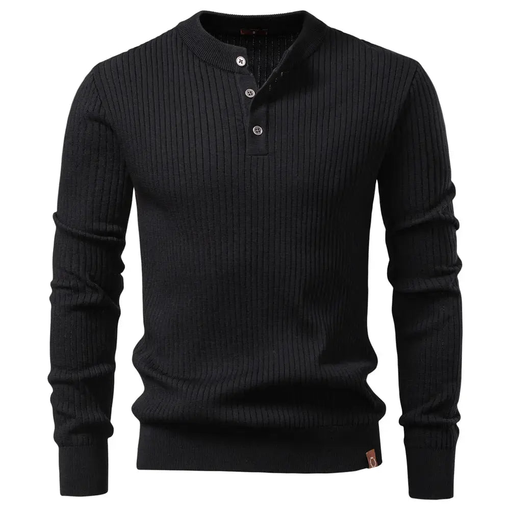 Men's black ribbed knit polo with button placket, long sleeves, minimalist contemporary fit