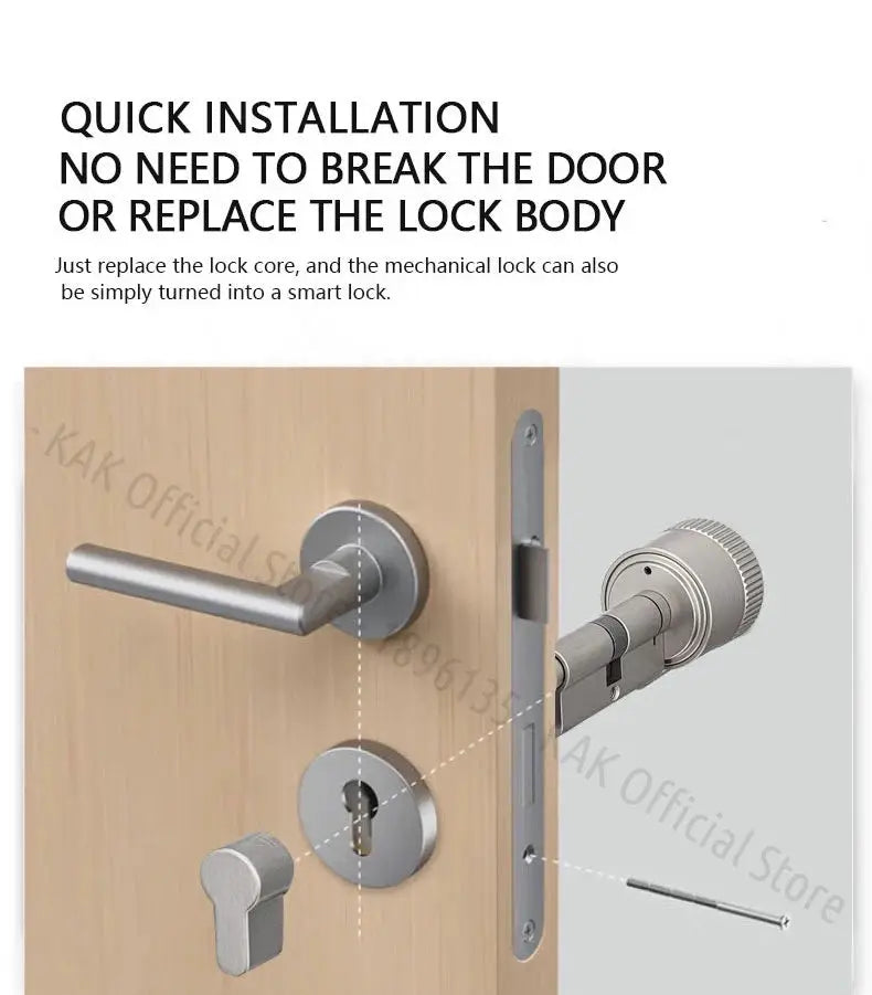 Fingerprint cylinder smart door lock on wooden door with silver metal handle and keyhole escutcheon
